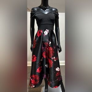 Alexa B Nites black & red floral print off the shoulder party evening dress 4